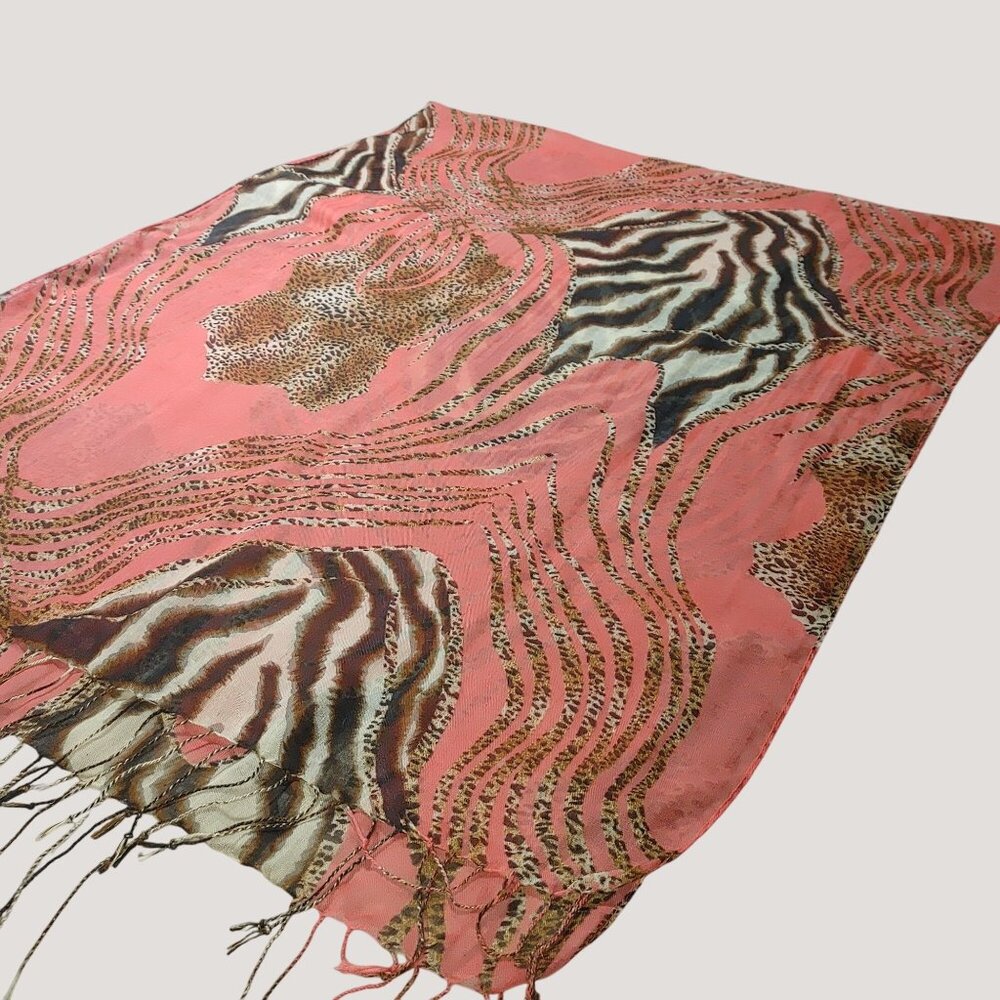 Animal Print Coral Scarf With Zebra Leopard Patterns Light Sheer Fabric Fringe